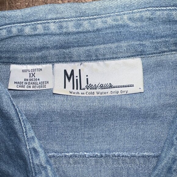 MILI DESIGNS DENIM BUTTON DOWN SHIRT TOP SIZE 1X STITCHED Bees Bugs,, - Picture 9 of 16